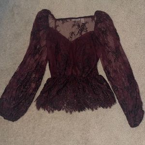 Lace, chiffon blouse, marroon and black flower patter.